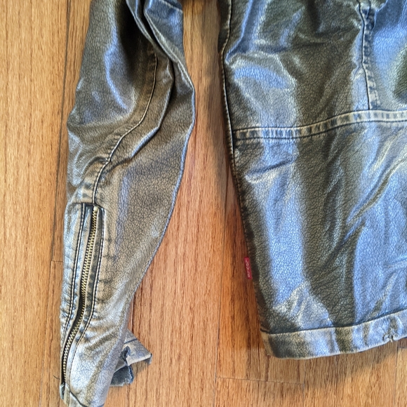 Levi's Chocolate Brown Faux Leather Gray Hoodie Thick Moto Winter Jacket Men's L - Picture 8 of 9